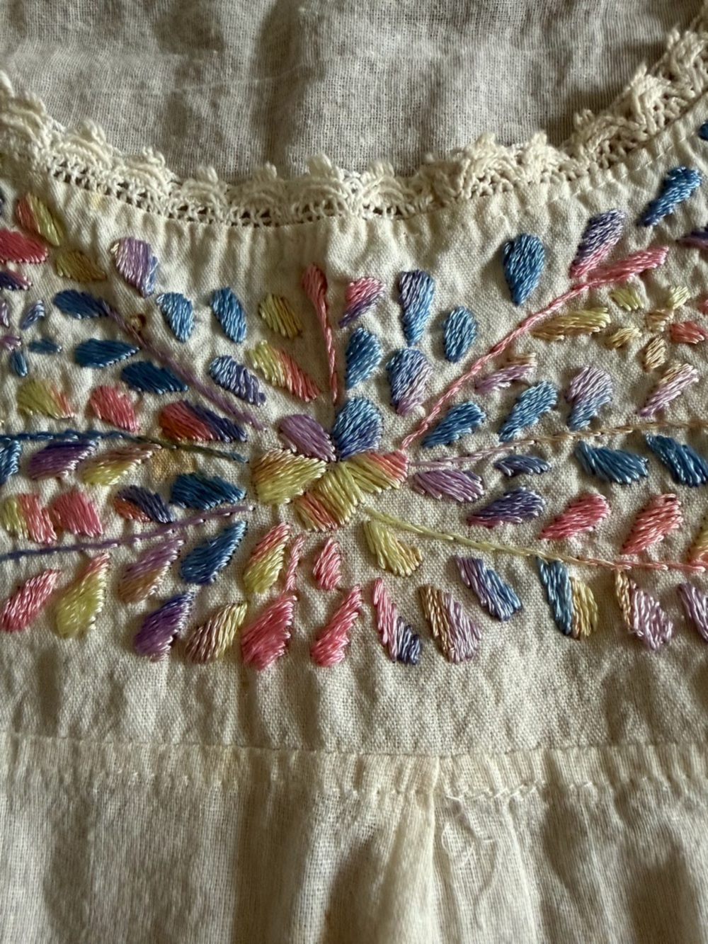 MEXICANA Cream Blouse with Multicolor Pastel Embroidery